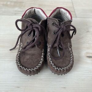 Baby Deer Brown Kids Moccasins with Red Trim